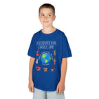 Young boy wearing a youth Gildan 5000B heavy cotton t-shirt in royal with an International Dance Day theme 