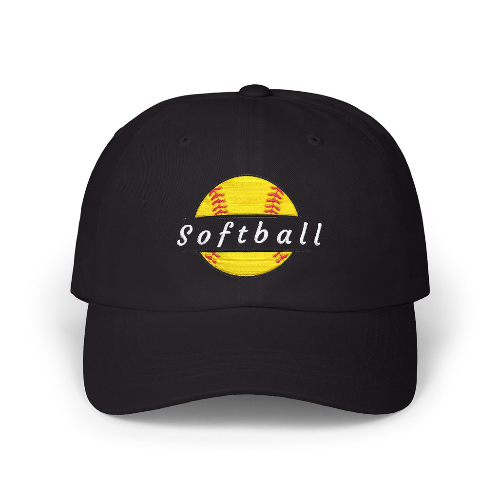 Black cap with an embroidered yellow softball graphic and text.