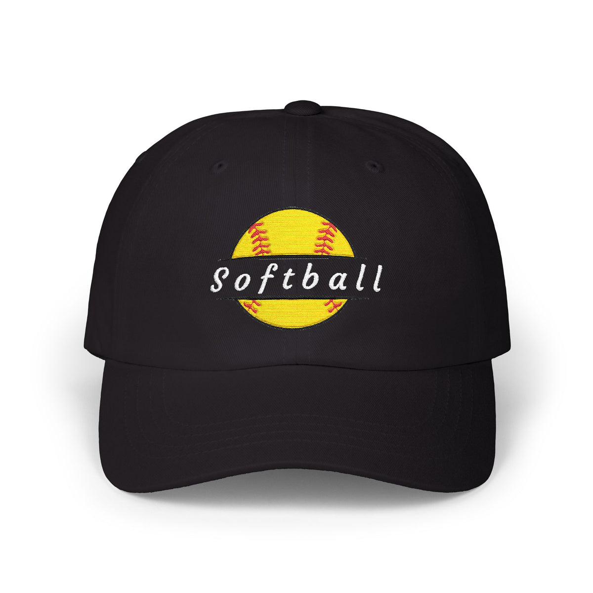 Black cap with an embroidered yellow softball graphic and text.