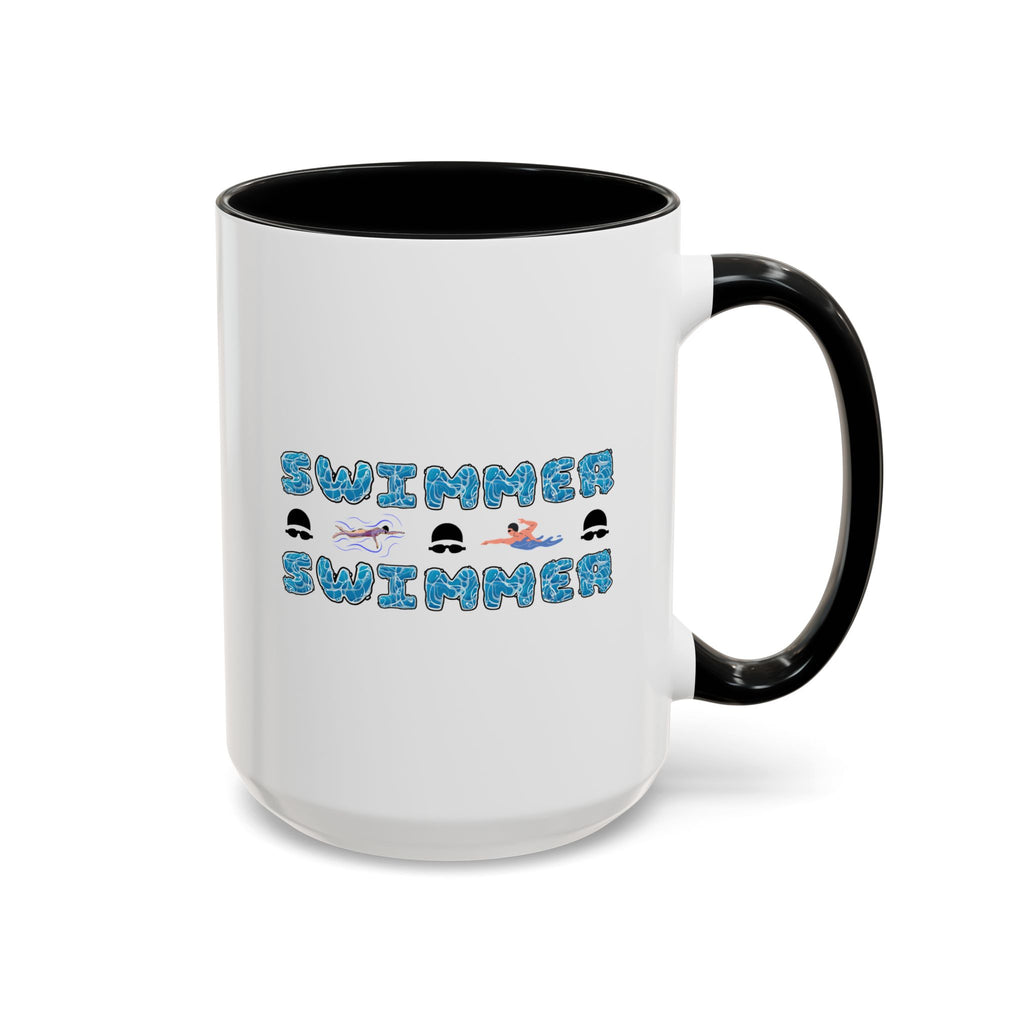15oz white ceramic Swimmer mug with black handle and interior Right handed view