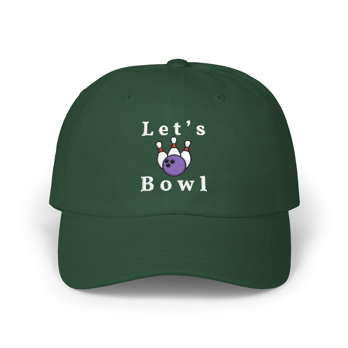 Spruce cap with an embroidered Let's Bowl text and graphic.