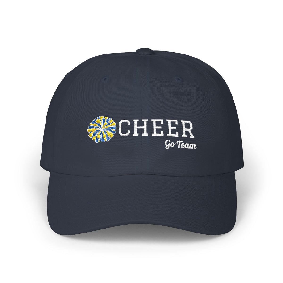 Navy cap with CHEER Go Team text and logo embroidery.