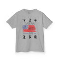 Front view of a youth Gildan 5000B heavy cotton t-shirt in sport grey with a National Dance Day theme