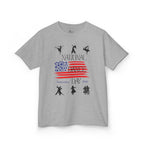 Front view of a youth Gildan 5000B heavy cotton t-shirt in sport grey with a National Dance Day theme