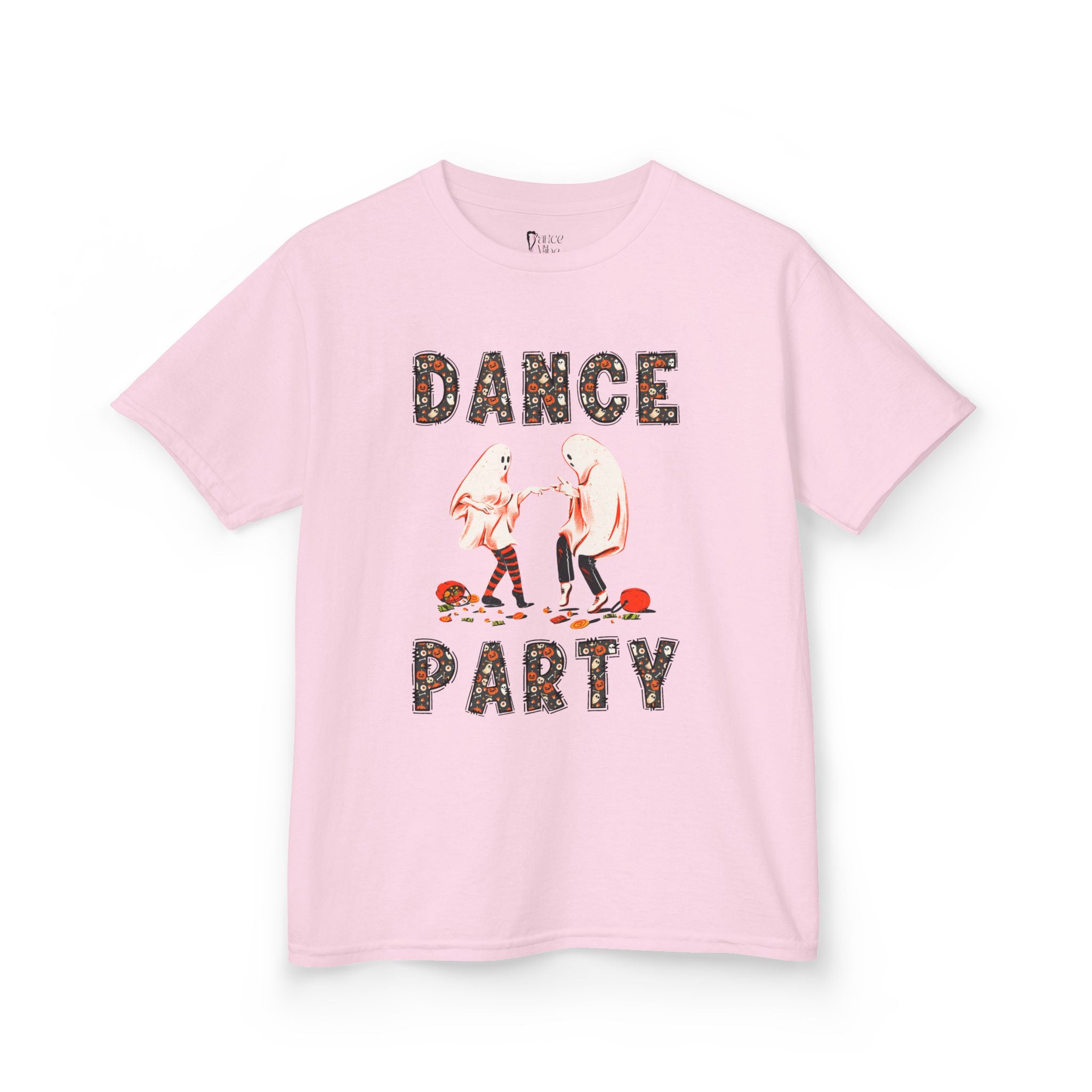 Front view of a youth Gildan 5000B heavy cotton t-shirt in light pink with a Halloween Dance Party theme