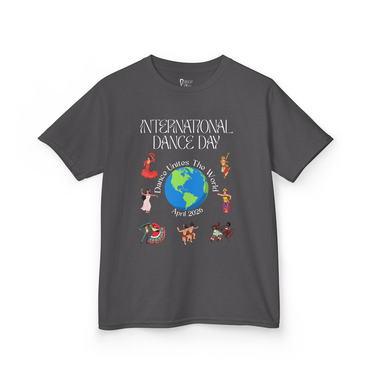 Front view of a youth Gildan 5000B heavy cotton t-shirt in charcoal with an International Dance Day theme 