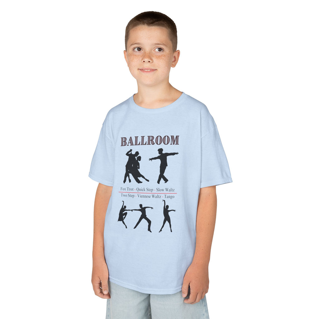 Young boy wearing a youth Gildan 5000B heavy cotton t-shirt in light blue with a Ballroom Dance Style theme