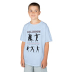 Young boy wearing a youth Gildan 5000B heavy cotton t-shirt in light blue with a Ballroom Dance Style theme