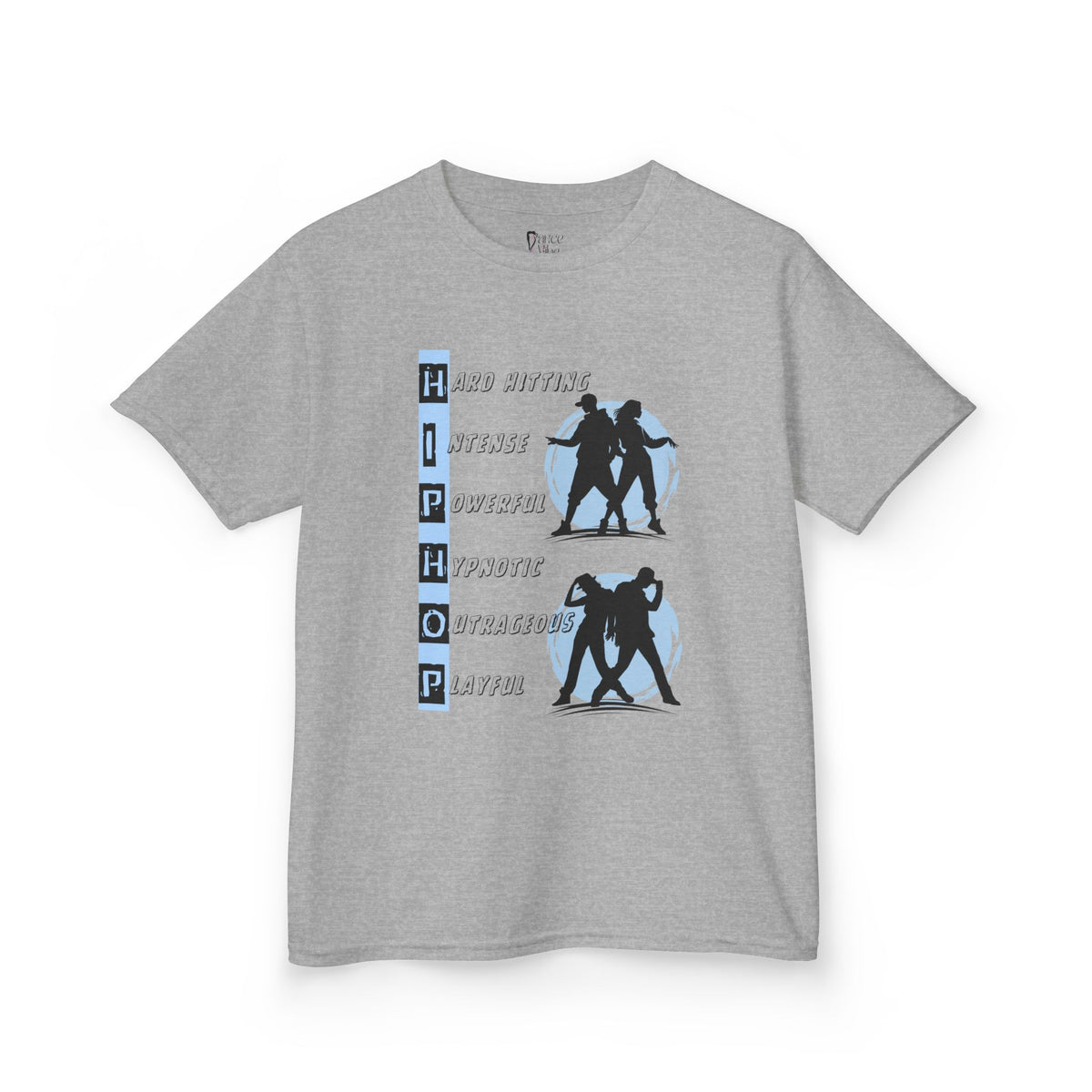 Front view of a youth Gildan 5000B heavy cotton t-shirt in sport grey with dancing Hip Hop Couples