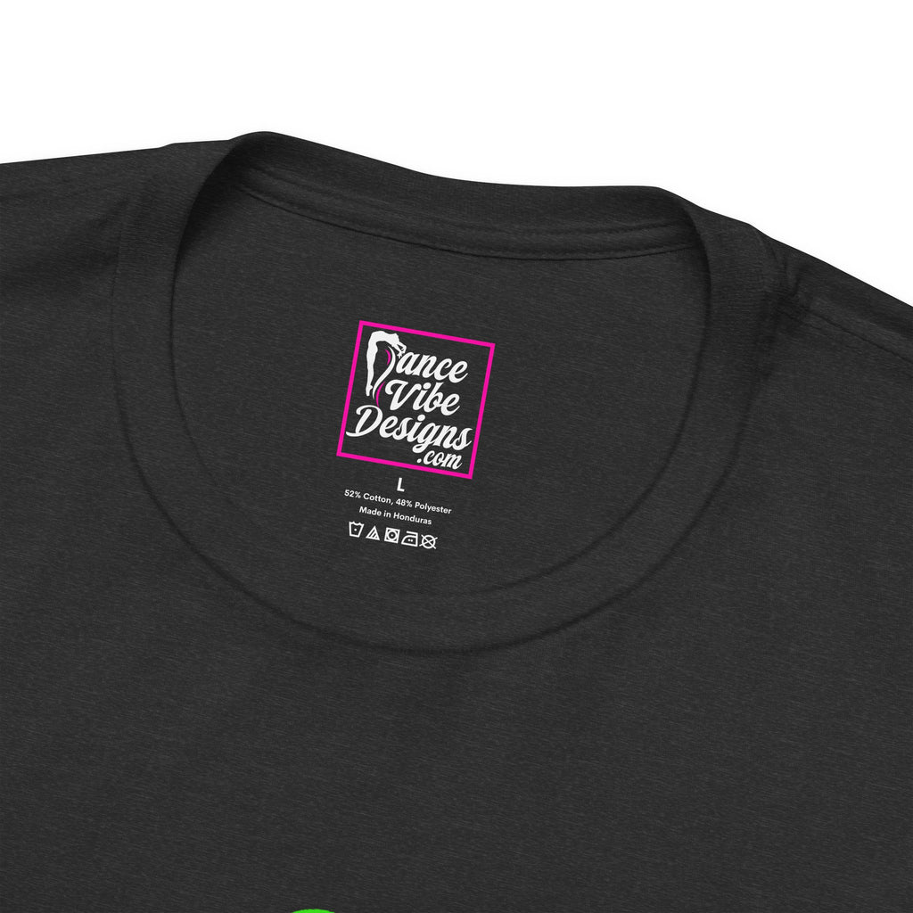 Close up of a Dance Vibe Designs custom neck label above the t-shirt care instructions.