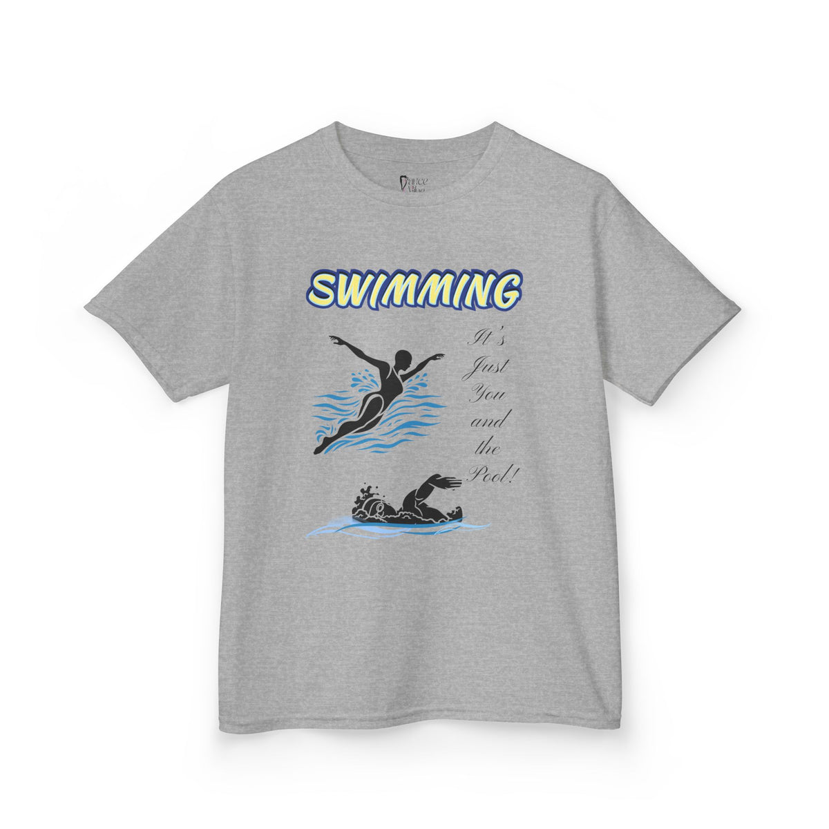 Front view of a youth Gildan 5000B heavy cotton t-shirt in sport grey with a Swimming text and graphic