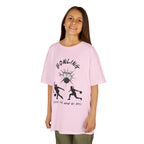 Young girl wearing a youth Gildan 5000B heavy cotton t-shirt in light pink with a Bowling text and graphic