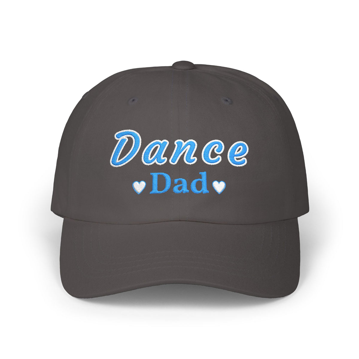 Dark grey embroidered classic dad cap hat with a Dance Dad text and graphic Front view
