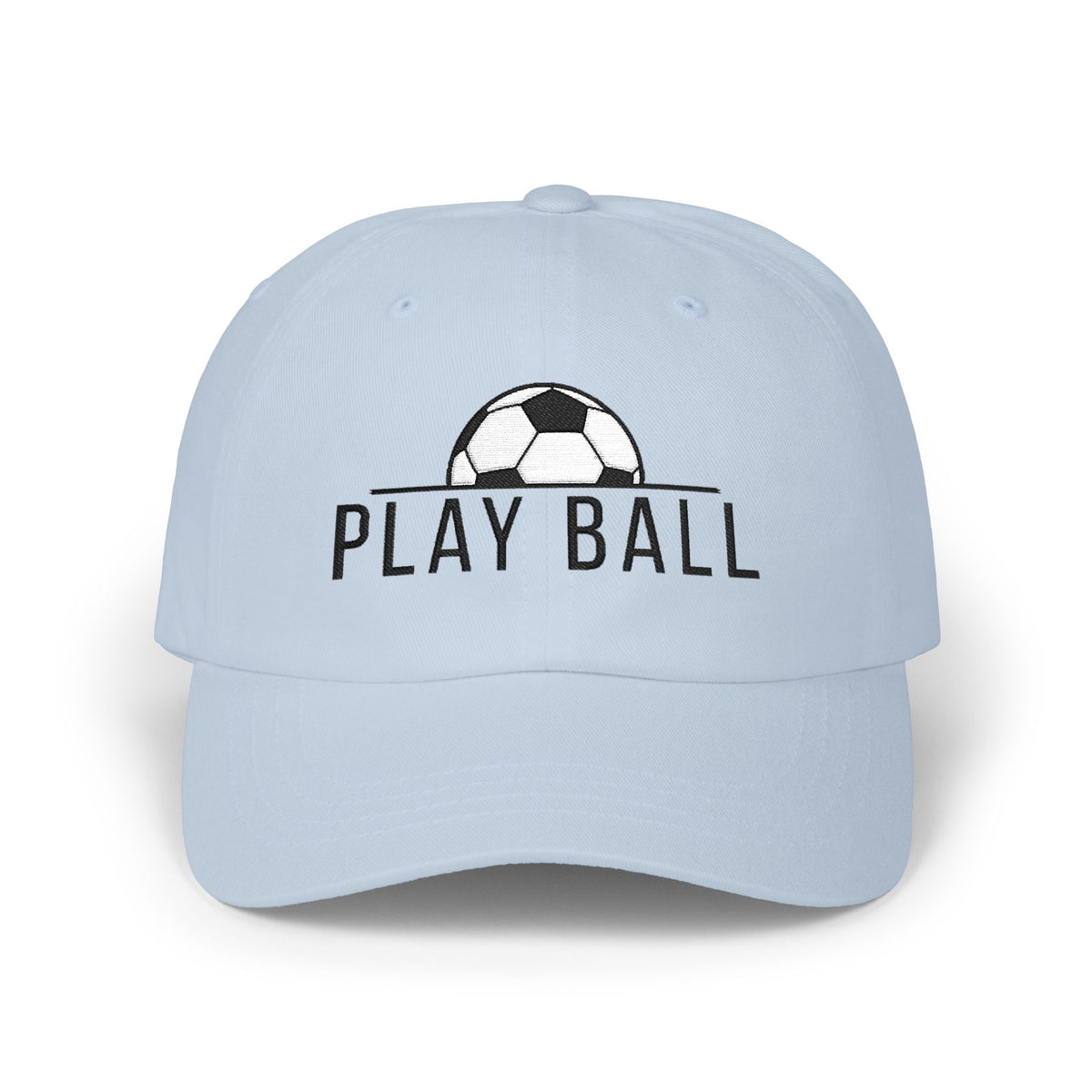 Light blue cap with an embroidered soccer ball and Play Ball text on the front.