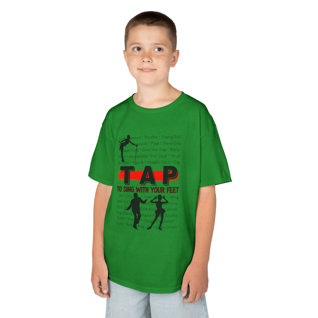 Young boy wearing a youth Gildan 5000B heavy cotton t-shirt in irish green with a Tap text and design