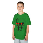 Young boy wearing a youth Gildan 5000B heavy cotton t-shirt in irish green with a Tap text and design