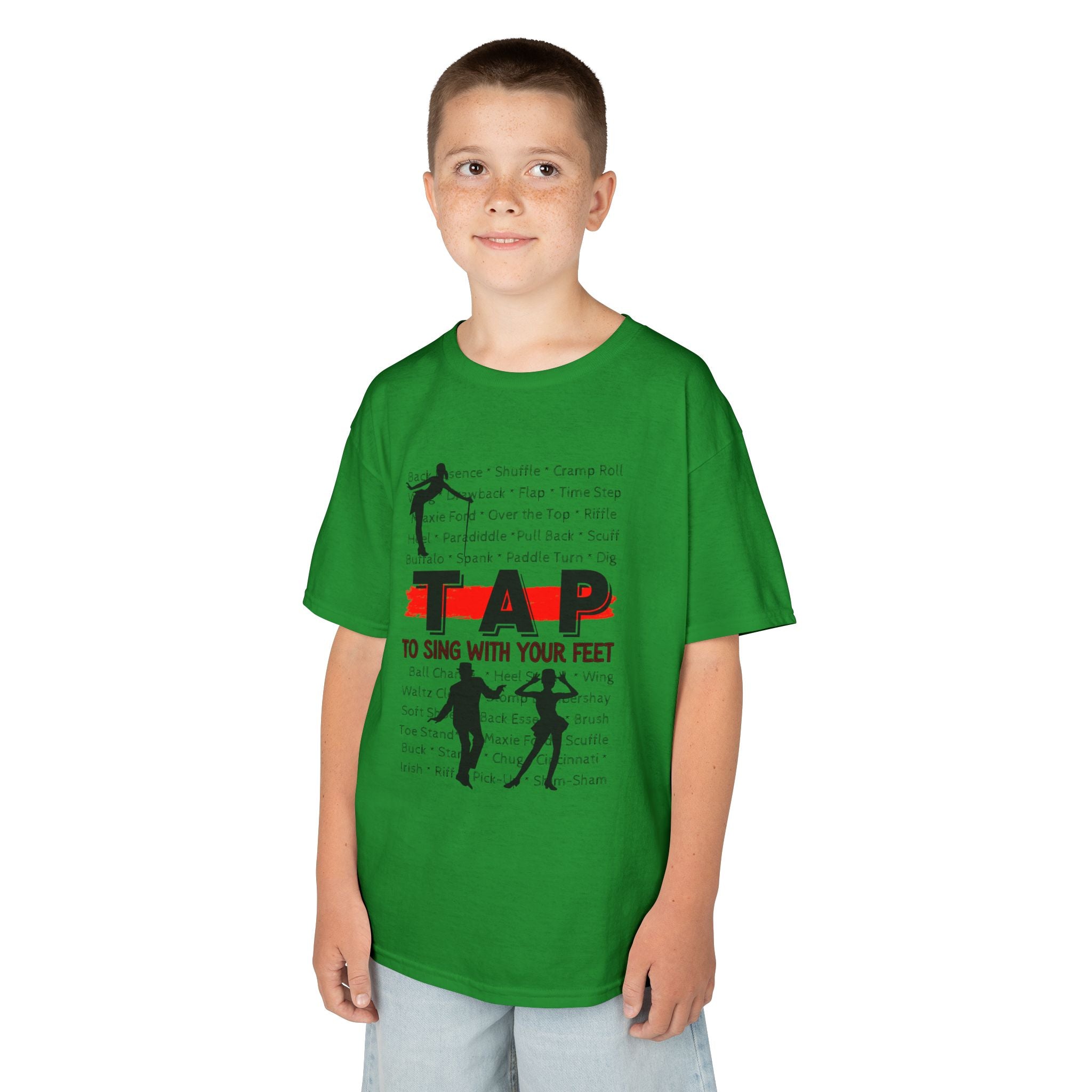 Young boy wearing a youth Gildan 5000B heavy cotton t-shirt in irish green with a Tap text and design