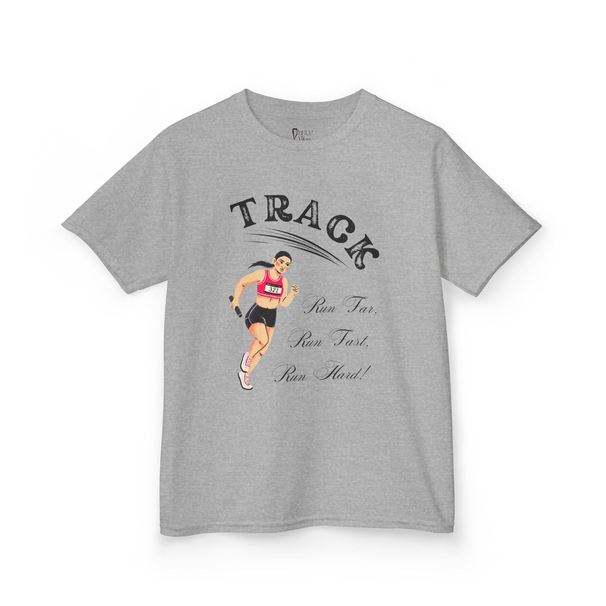 Front view of a youth Gildan 5000B heavy cotton t-shirt in sport grey showing a girl running Track