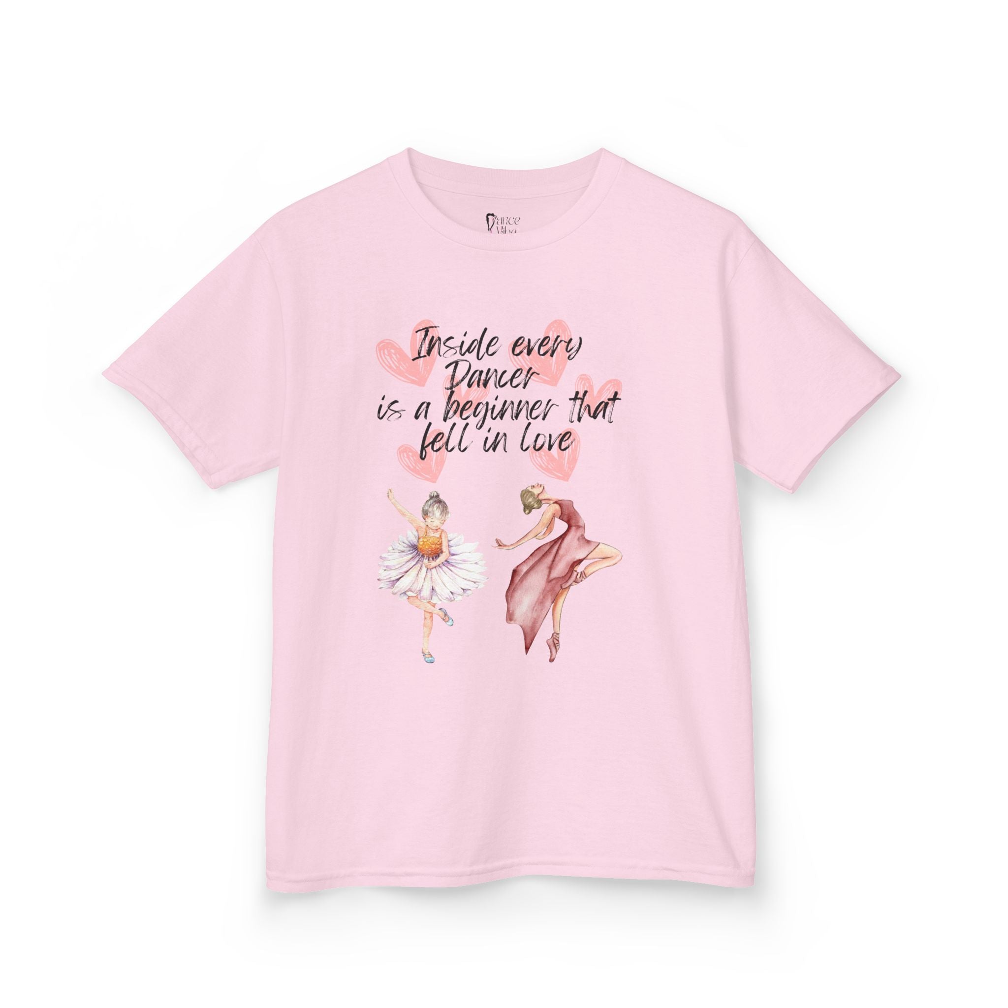 Front view of a youth Gildan 5000B heavy cotton t-shirt in light pink with an Inside Every Dancer is a Beginner that Fell in Love theme