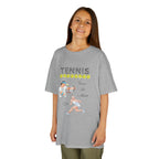 Young girl wearing a youth Gildan 5000B heavy cotton t-shirt in sport grey with a Tennis text and graphic