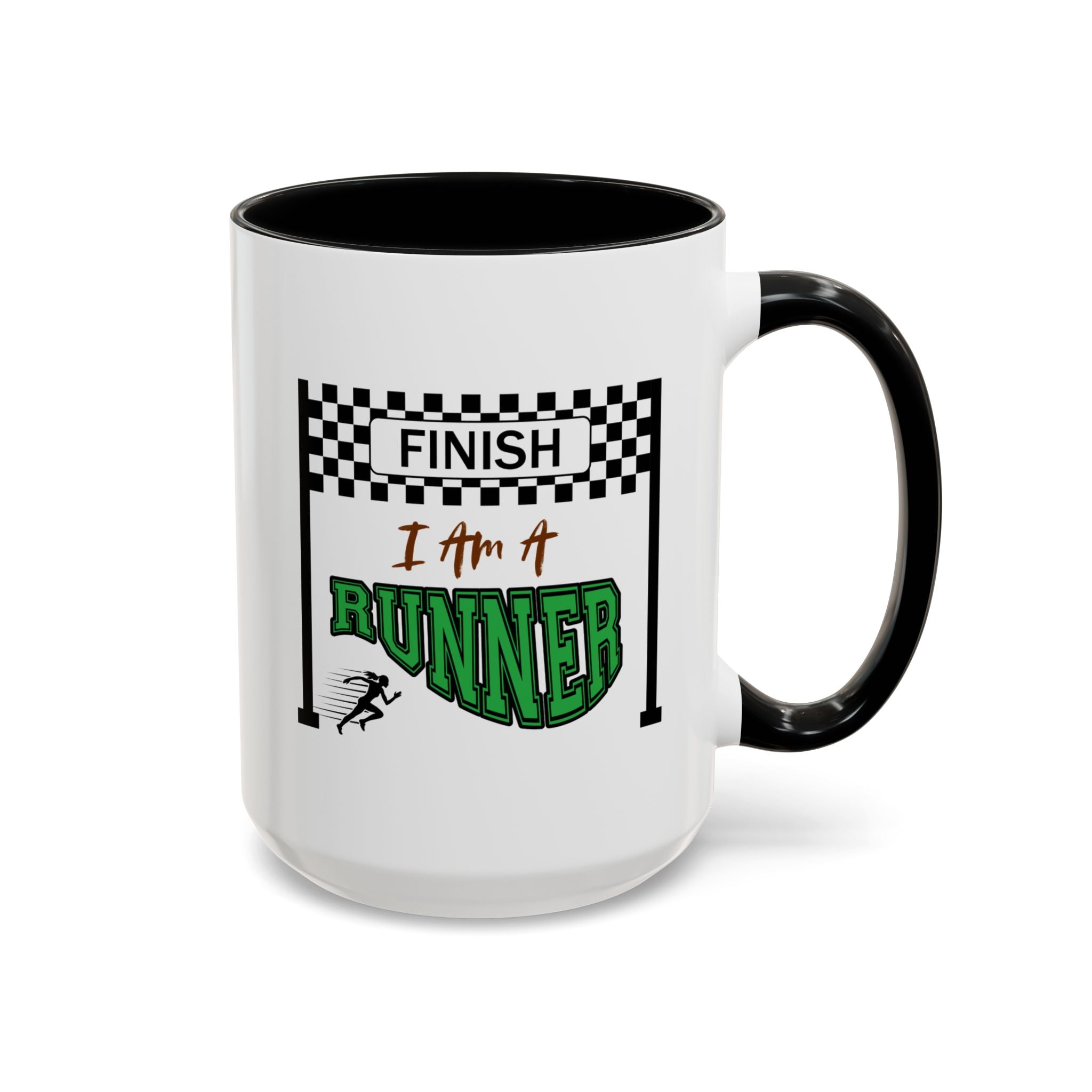 15oz white ceramic I Am a Runner mug with black handle and interior Right handed view