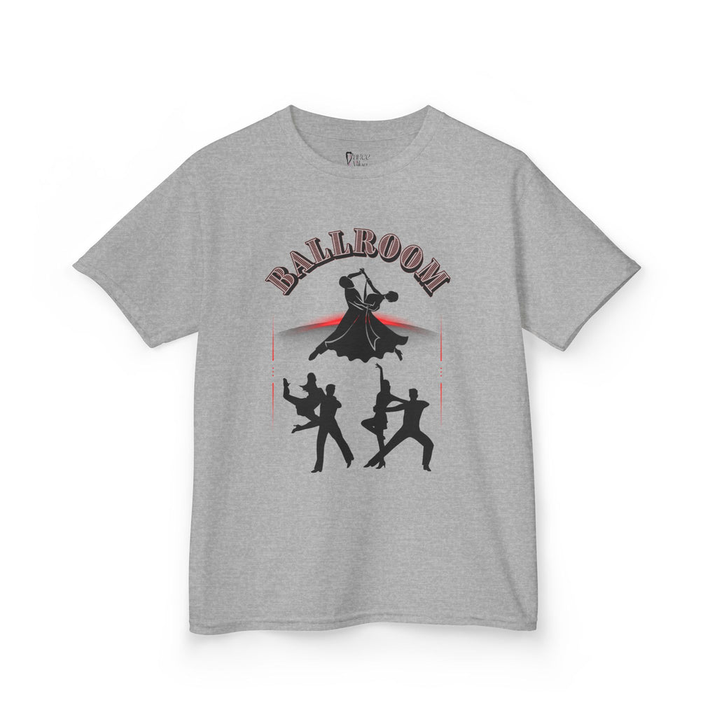 Front view of a youth Gildan 5000B heavy cotton t-shirt in sport grey with a Ballroom Dance Couples theme