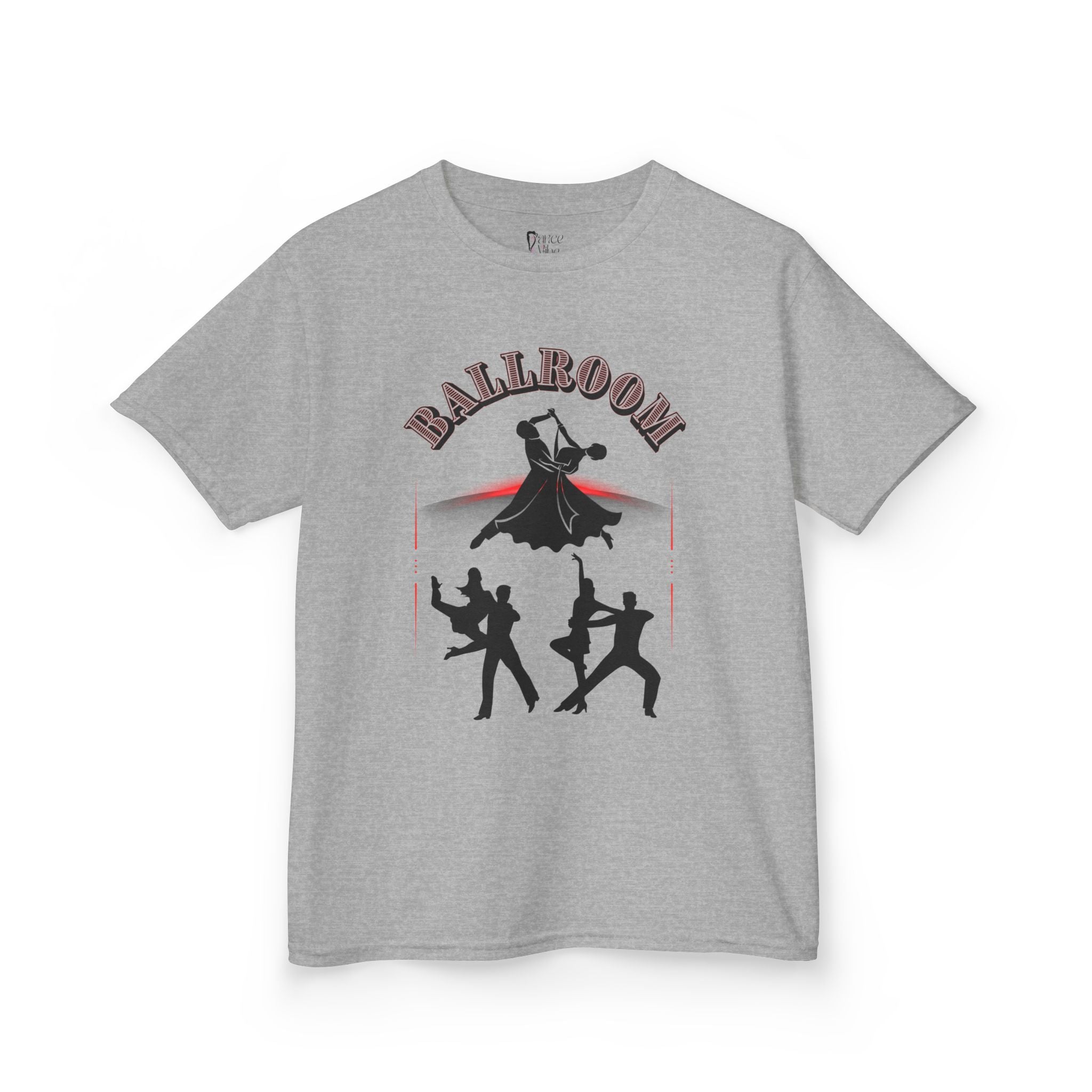 Front view of a youth Gildan 5000B heavy cotton t-shirt in sport grey with a Ballroom Dance Couples theme