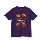 A kids purple short-sleeve t-shirt with a colorful graphic of cartoon turkeys and the phrase GOBBLE TIL YOU WOBBLE on the front.