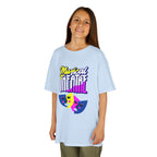 Young girl wearing a youth Gildan 5000B heavy cotton t-shirt in light blue with a Musical Theater rainbow mask graphic