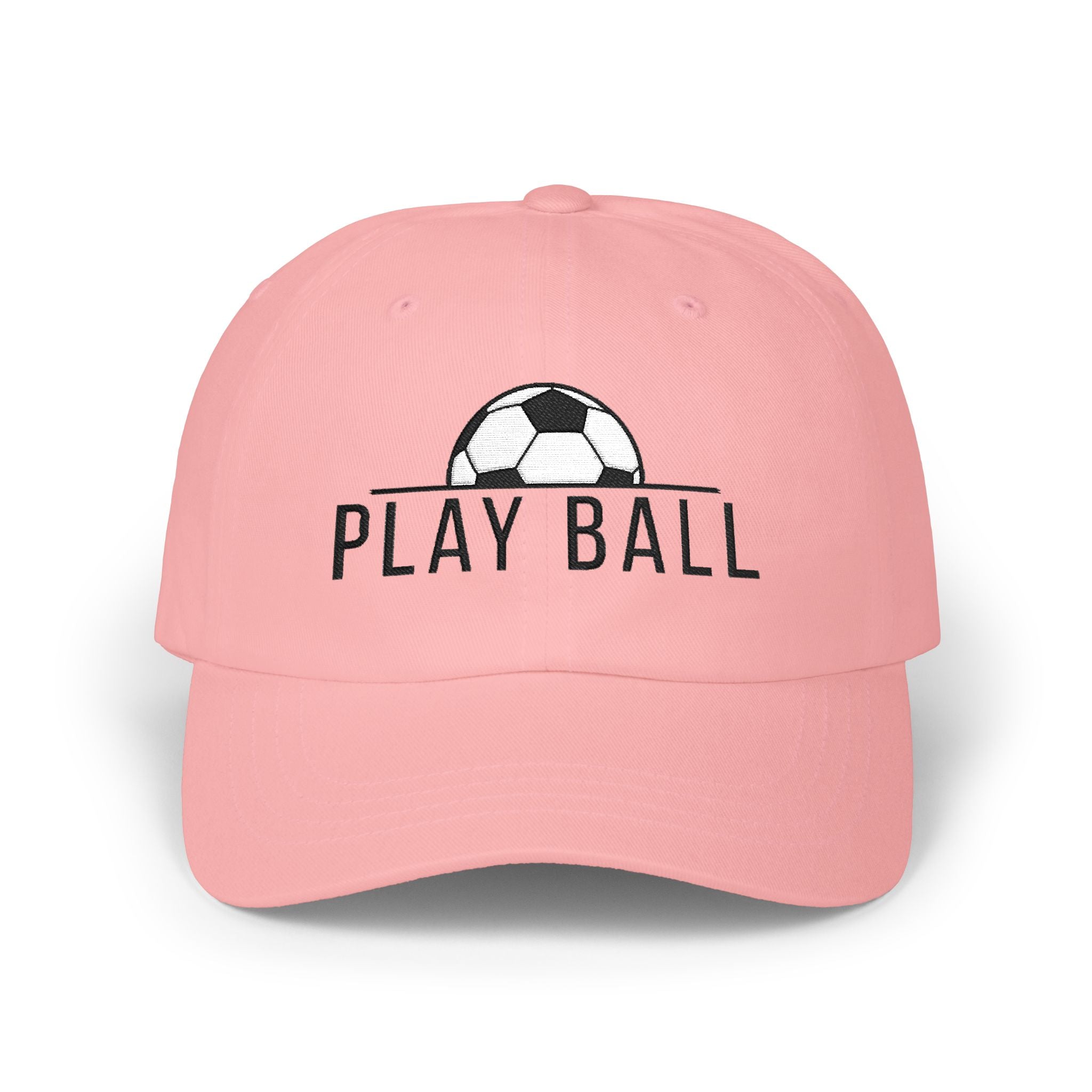 Pink cap with an embroidered soccer ball and Play Ball text on the front.