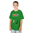 Young boy wearing a youth Gildan 5000B heavy cotton t-shirt in irish green with a Boys Basketball theme