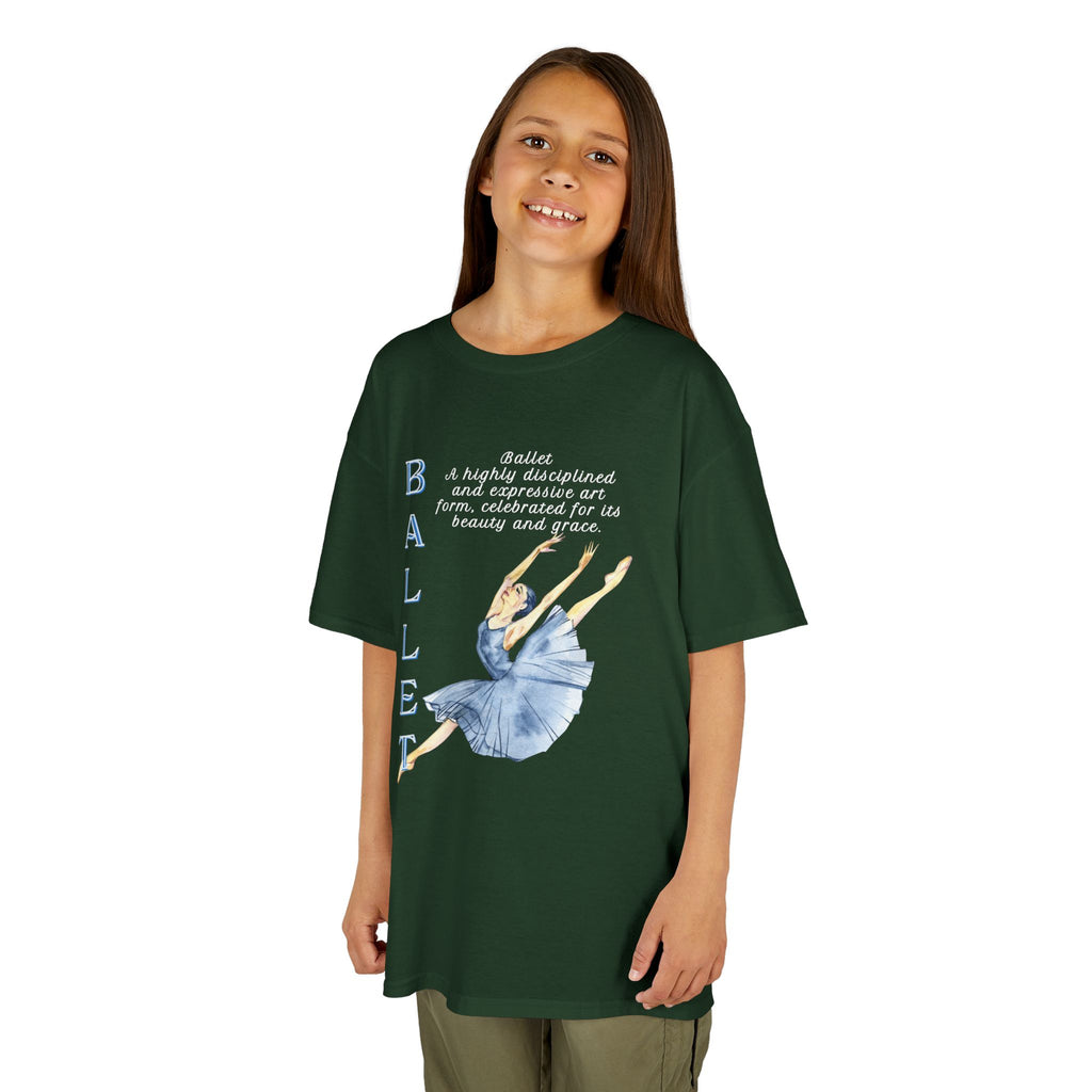 Young girl wearing a youth Gildan 5000B heavy cotton t-shirt in forest green with a Ballet text and graphic