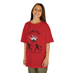 Young girl wearing a youth Gildan 5000B heavy cotton t-shirt in red with a Bowling text and graphic