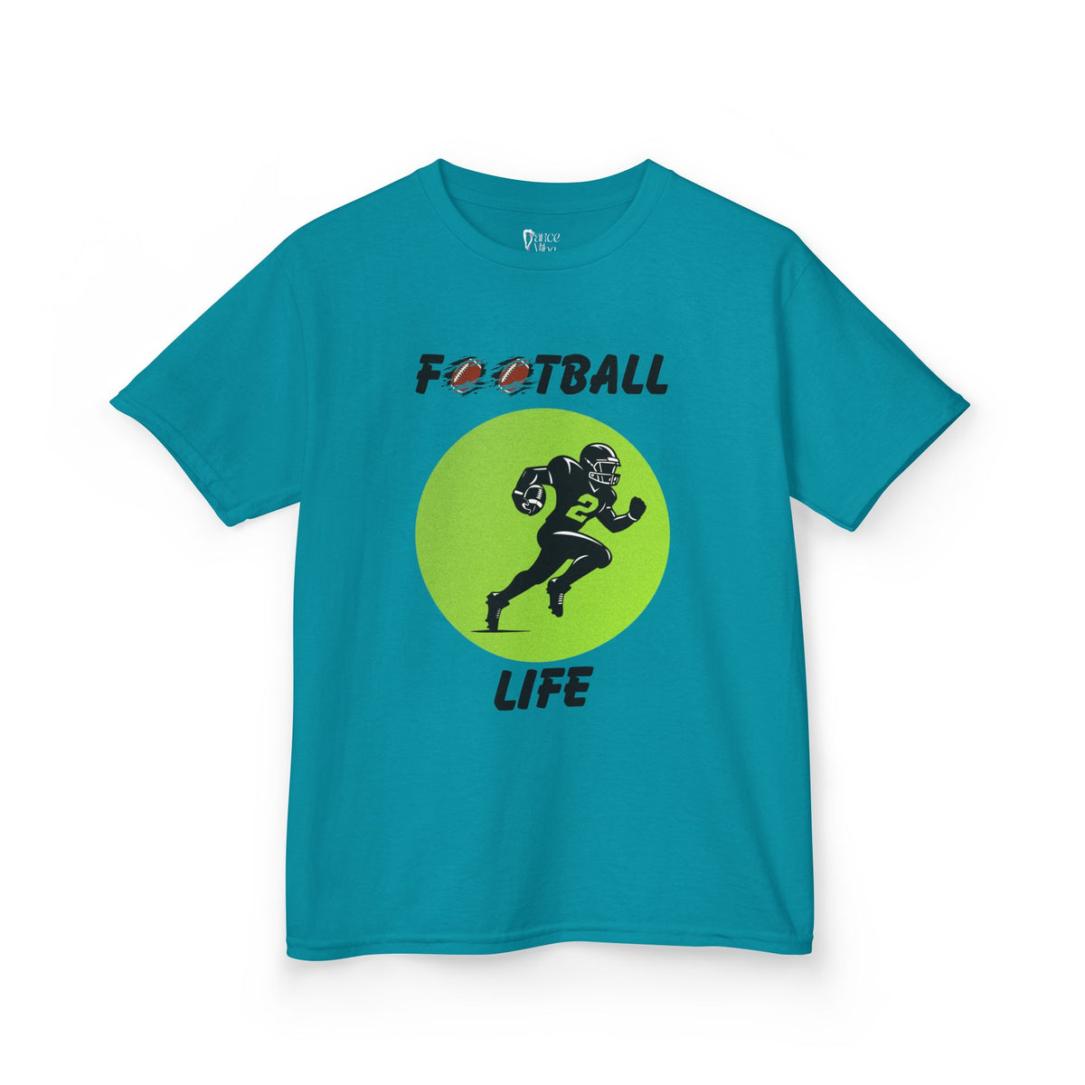 Front view of a youth Gildan 5000B heavy cotton t-shirt in tropical blue with a Football Life text and graphic