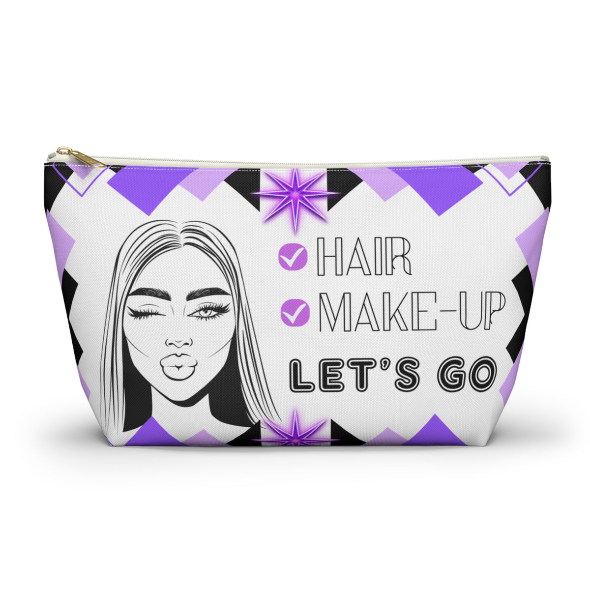 Hair Make up Let's go themed travel pouch with geometric design and face illustration on a white background with white zipper