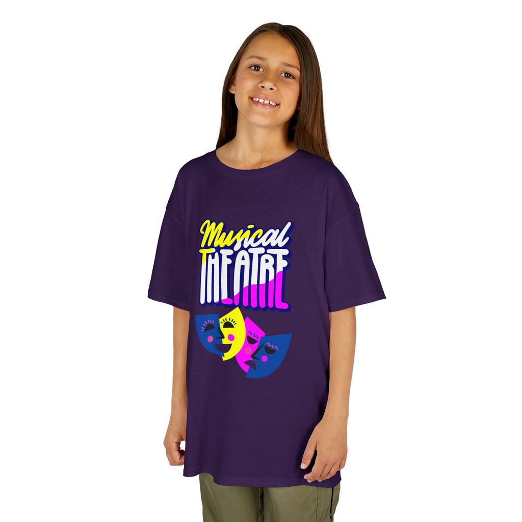 Young girl wearing a youth Gildan 5000B heavy cotton t-shirt in purple with a Musical Theater rainbow mask graphic