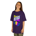 Young girl wearing a youth Gildan 5000B heavy cotton t-shirt in purple with a Musical Theater rainbow mask graphic