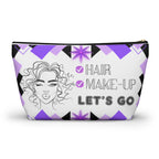 Hair Make up Let's go themed travel pouch with geometric design and double face illustration on a white background with black zipper