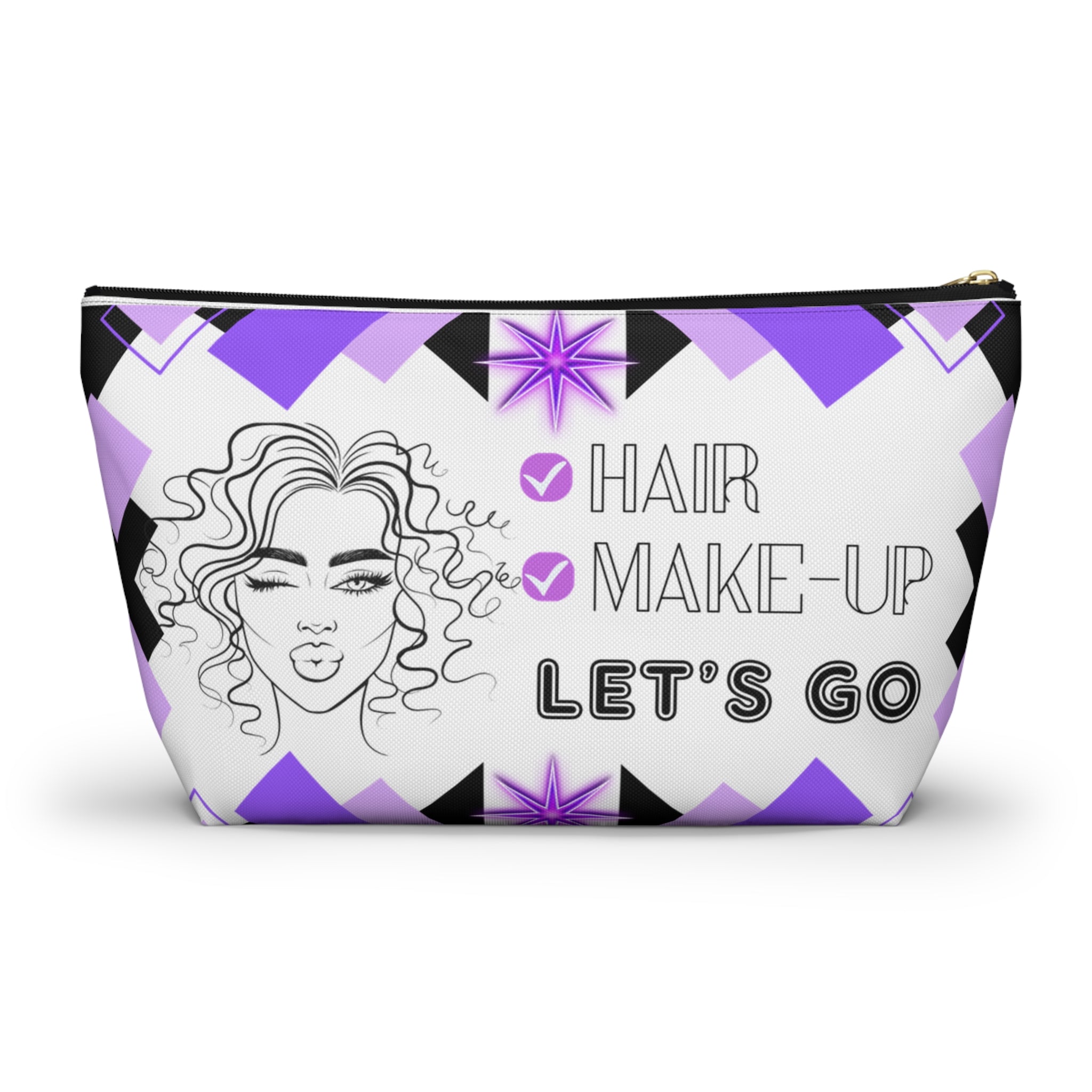 Hair Make up Let's go themed travel pouch with geometric design and double face illustration on a white background with black zipper