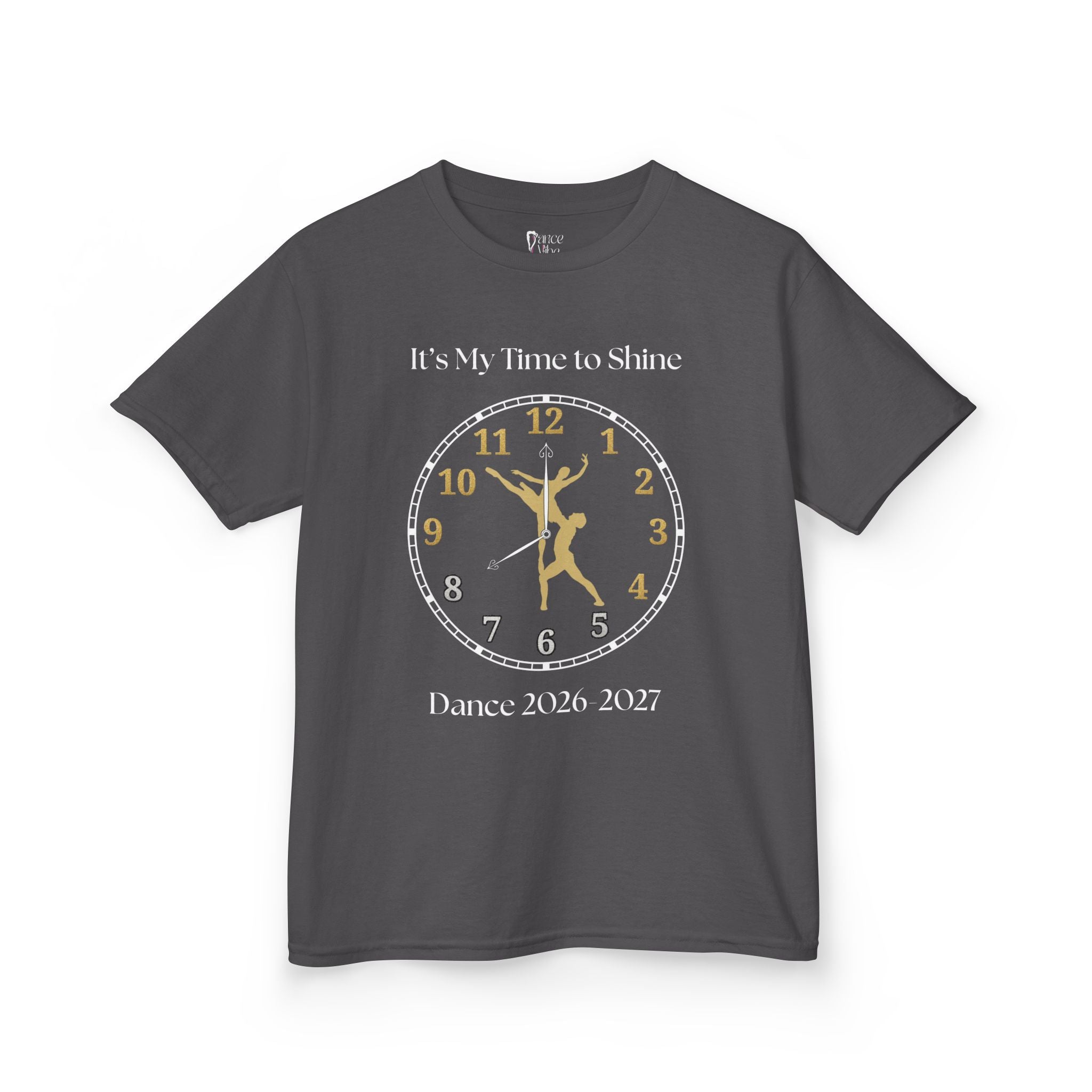 Front view of a youth Gildan 5000B heavy cotton t-shirt in charcoal with a Ballet Couple 2026-2027 design
