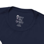 Close-up of a crewneck t-shirt showing the inner neck label with the Dance Vibe Designs logo above the care instructions.