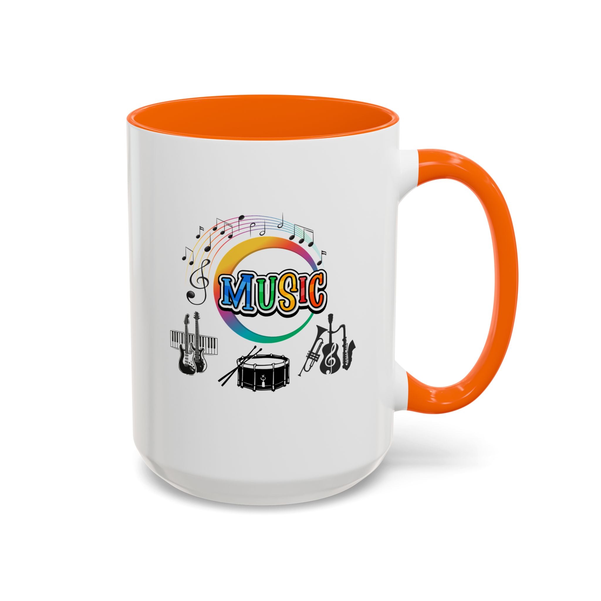 15oz white ceramic Music Instrument mug with orange handle and interior Right handed view