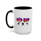 15oz white ceramic Hip Hop Dance mug with black handle and interior Left handed view