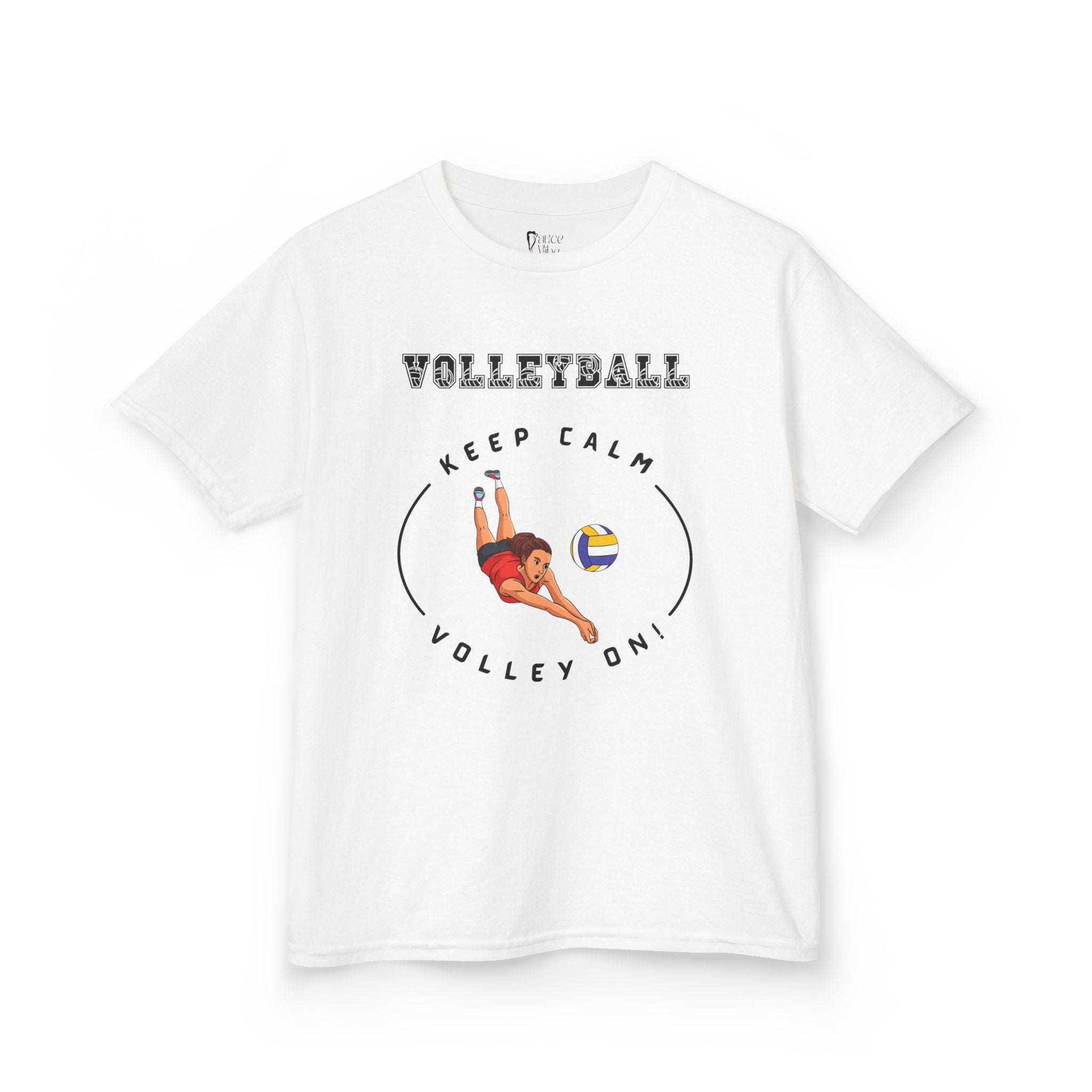 Front view of a youth Gildan 5000B heavy cotton t-shirt in white showing a girl playing Volleyball