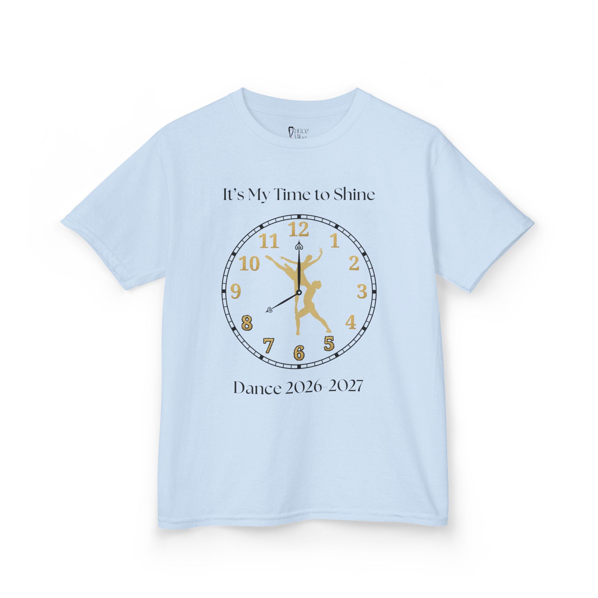 Front view of a youth Gildan 5000B heavy cotton t-shirt in light blue with a Ballet Couple 2026-2027 design