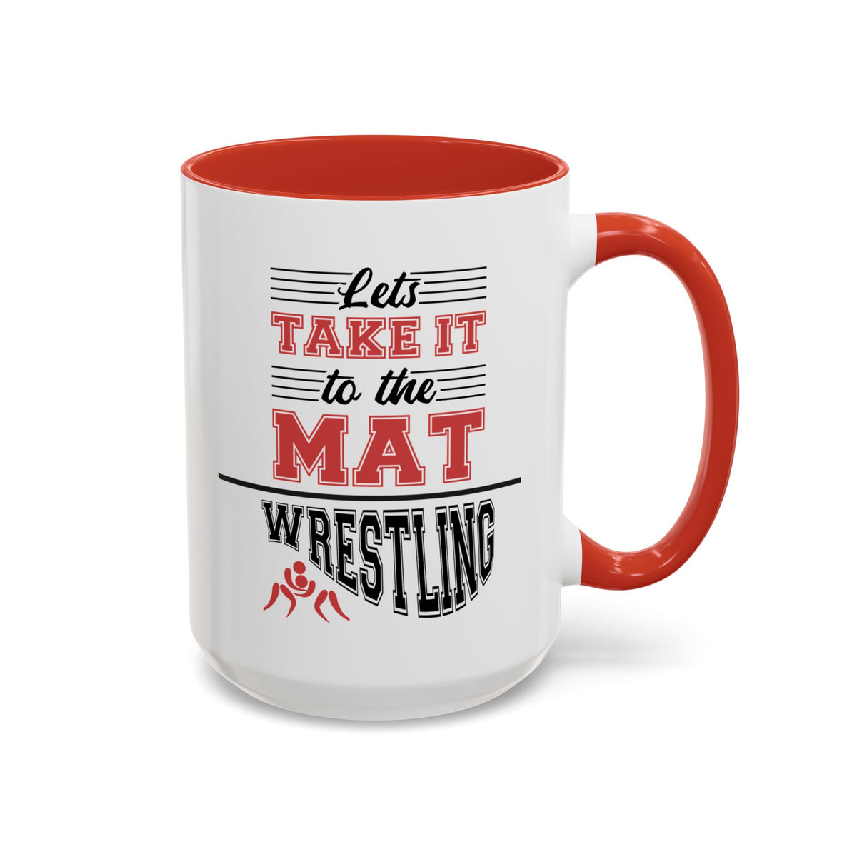 15oz white ceramic Wrestling mug with red handle and interior Right handed view