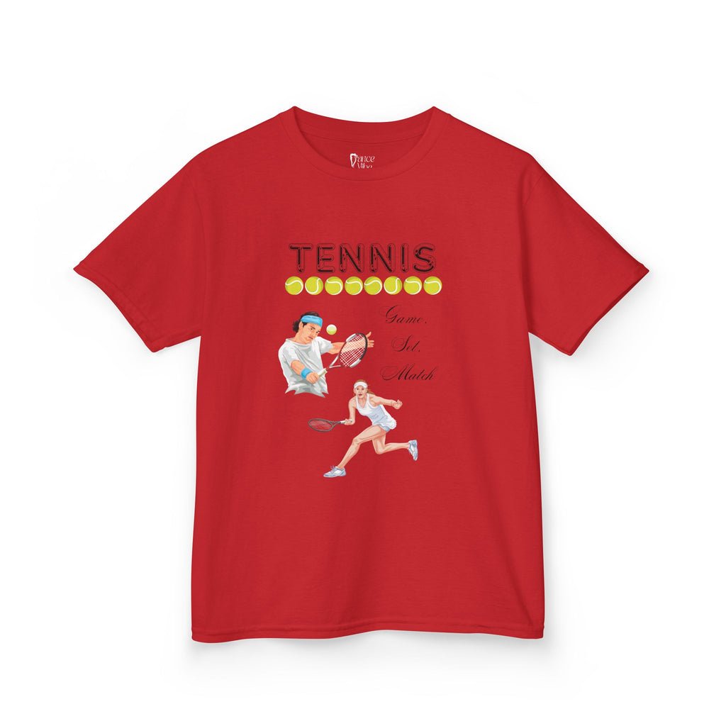 Front view of a youth Gildan 5000B heavy cotton t-shirt in red with a Tennis text and graphic