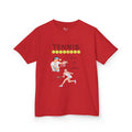 Front view of a youth Gildan 5000B heavy cotton t-shirt in red with a Tennis text and graphic