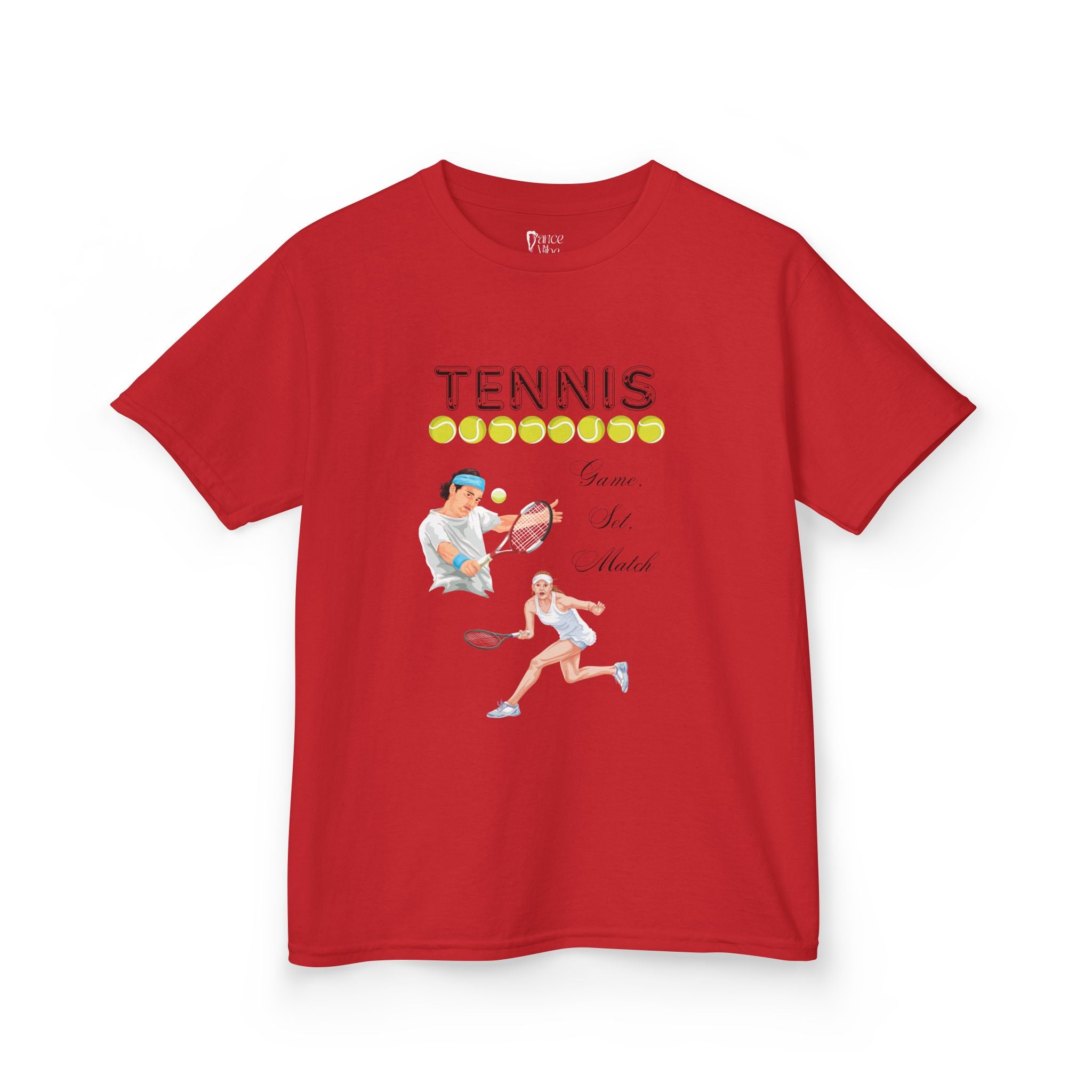 Front view of a youth Gildan 5000B heavy cotton t-shirt in red with a Tennis text and graphic