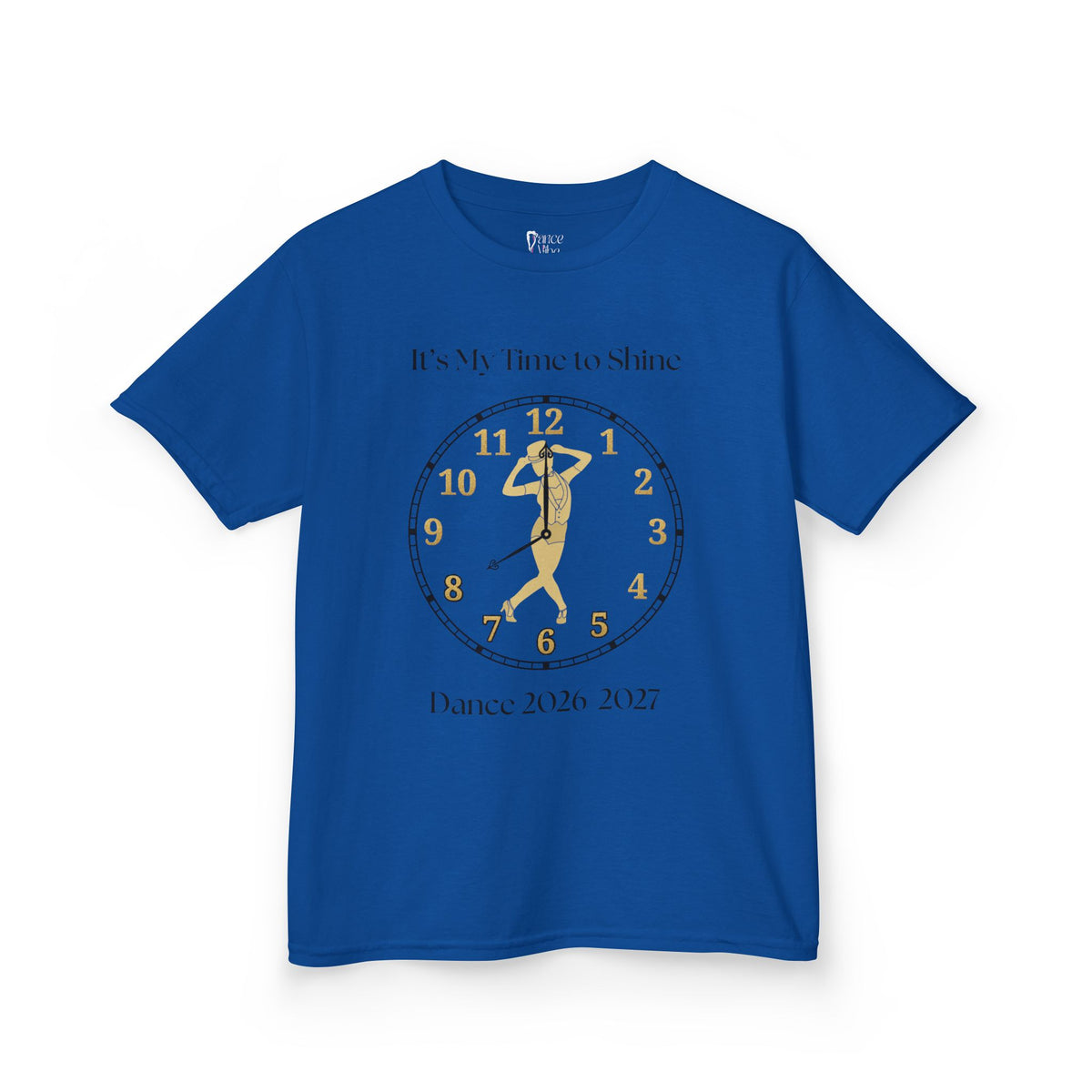 Front view of a youth Gildan 5000B heavy cotton t-shirt in royal with a Female Broadway Dancer 2026-2027 design